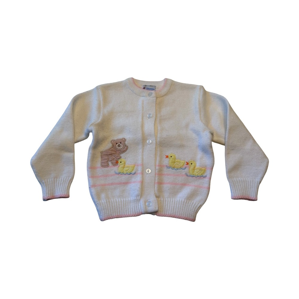 Baby Kisses Vintage White Knit Cardigan Sweater Bear Duck Embroidery 24‎ Months